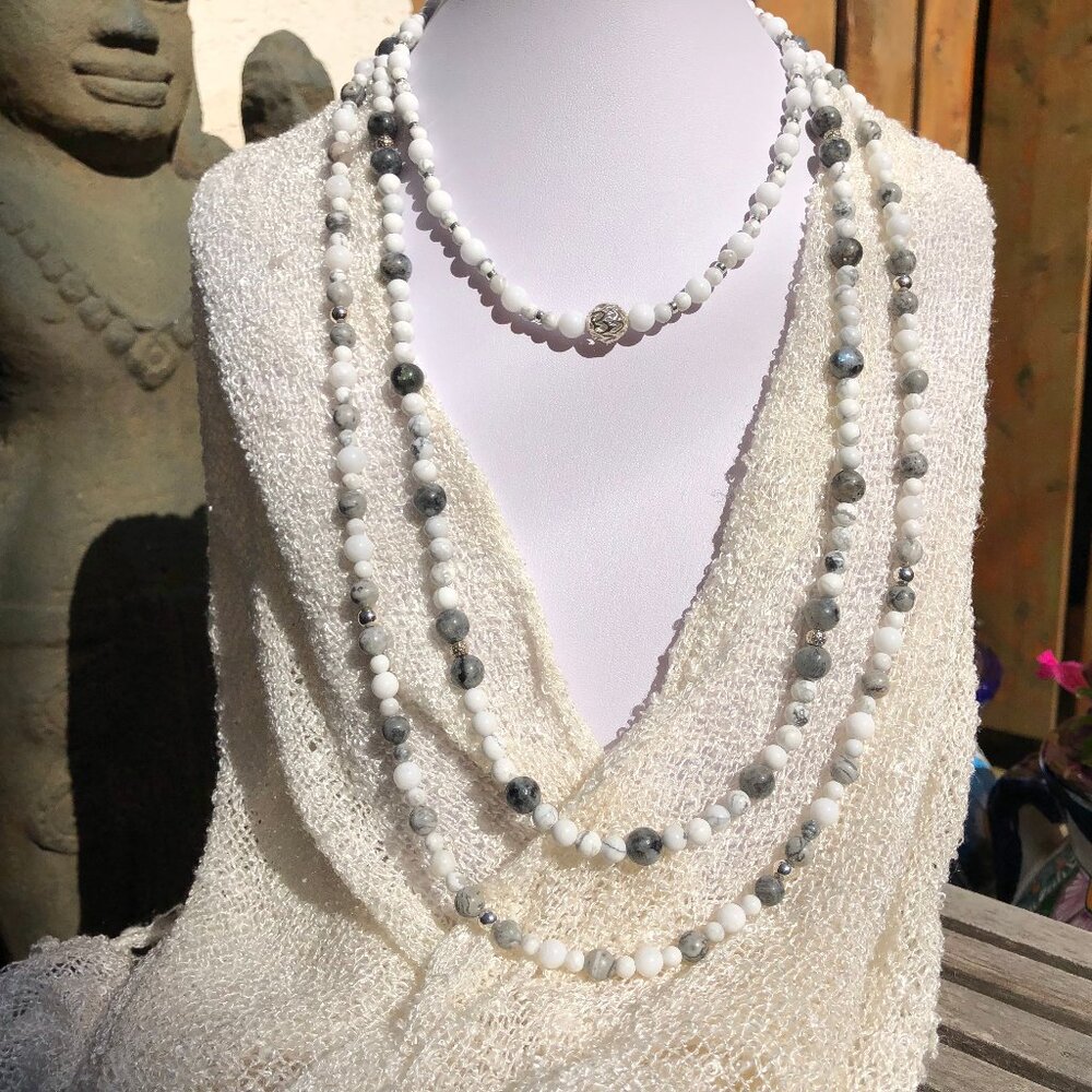Three-strand natural stone & sterling silver beaded necklace (white/grey)